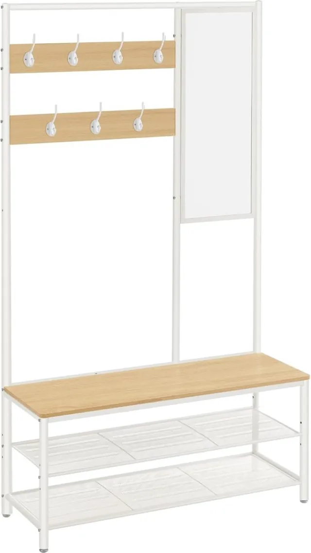 FurnStar Kapstok met schoenenopberger - Kapstok voor gang met spiegel - Haken - Bank en schoenenplanken - 35 x 98 x 180 cm - Hal - slaapkamer - Entree - Industrieel - Eiken Kleur+wit