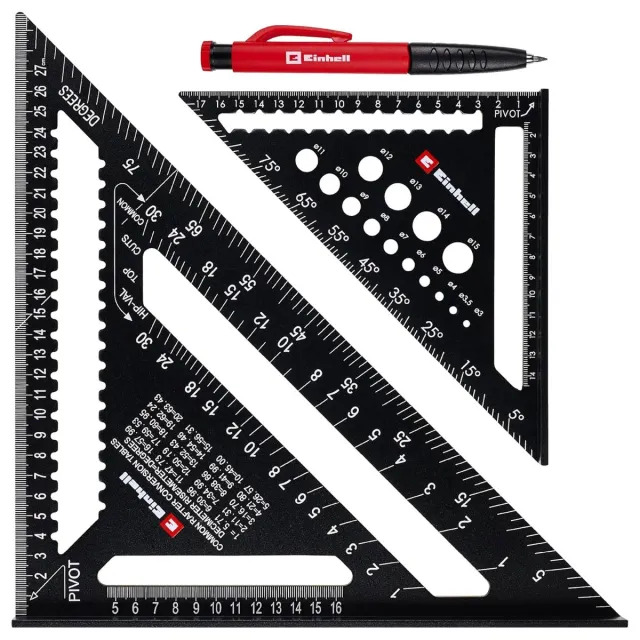 Einhell timmermanswinkelhaakset, 2-delig (185 en 300 mm, lasergegraveerde millimeter- en hoekschalen van 0 tot 90 graden, markeergaten, boorgatsjabloon, omrekeningstabel voor spanten, markeerstift)