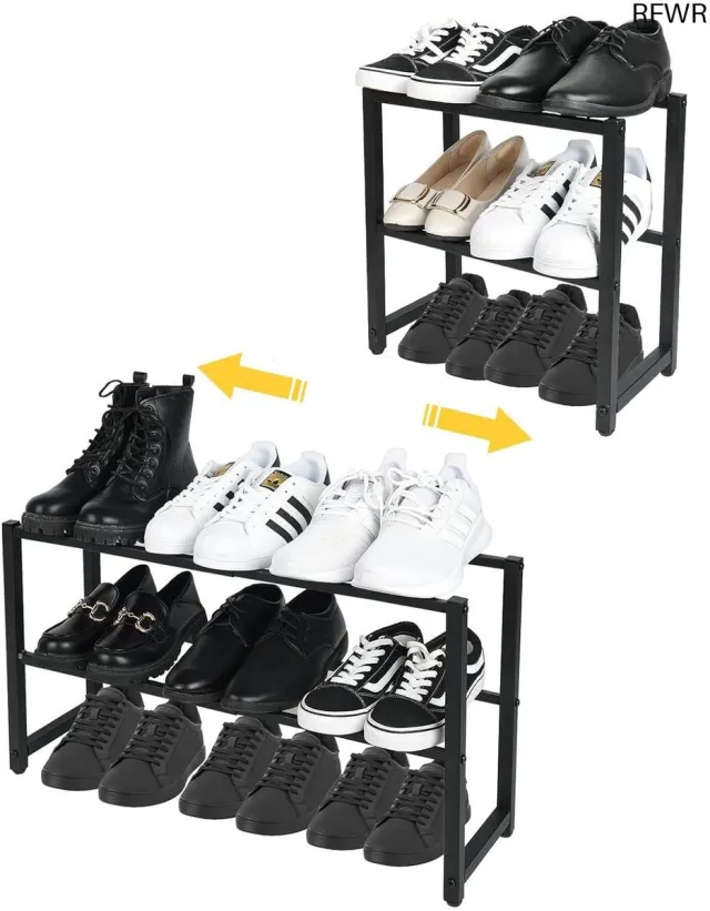 RFWR Uitschuifbaar schoenenrek met 2 niveaus van roestvrij staal - compacte schoenenorganizer voor hal, slaapkamer en entree Zwart