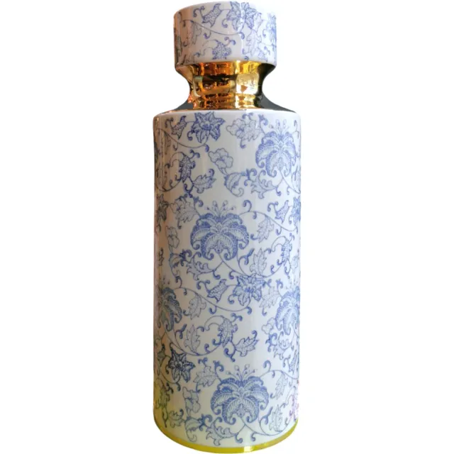 Fine Asianliving Chinese Vaas Porselein Blauw Wit Goud Handgemaakt D14xH40cm Blauw, Wit, Goud