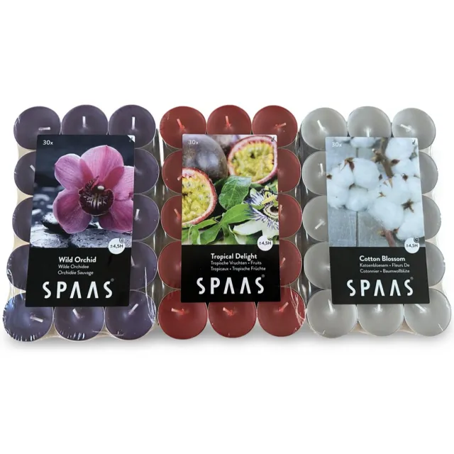 Spaas Geurtheelichtjes/waxinelichtjes - Assortiment - Sfeerpakket - 90 stuks - 4,5 branduren - 3x 30 geurkaarsen assorti voordeelpack 90 stuks