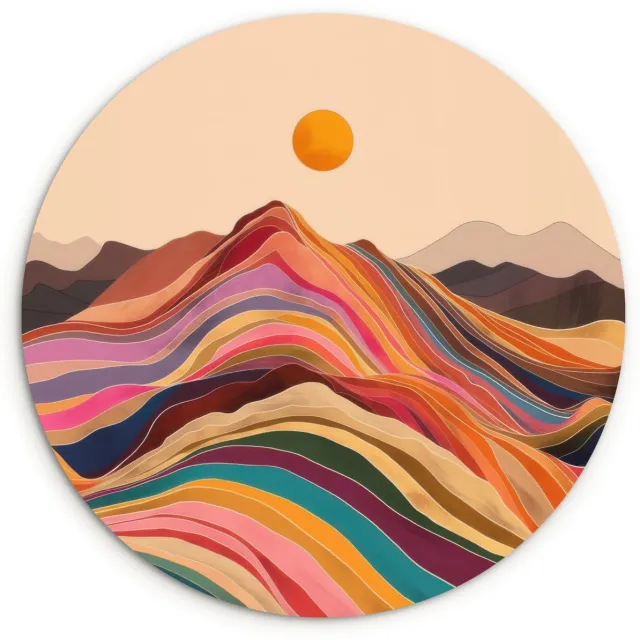 WallCircle Wandcirkel 120x120 cm - Muurcirkel Zon - Kleurrijk landschap - Bergen - Muurdecoratie woonkamer - Wanddecoratie slaapkamer - Kamer decoratie accessoires - Ronde schilderijen Zon - Bergen - Kleurrijk