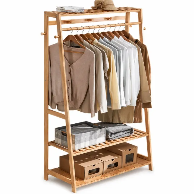 MOLHAUS Bamboe kledingrek met 3 opbergplanken - vrijstaand, 80 x 43,5 x 165 cm - Naturel - Opbergrek