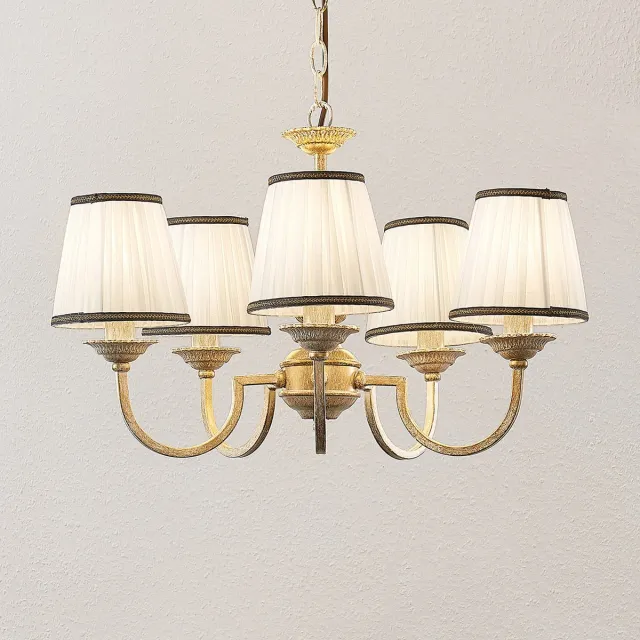 Lindby kroonluchter - 5lichts - Textiel, metaal - H: 36 cm - E14 - crème, antiek messing
