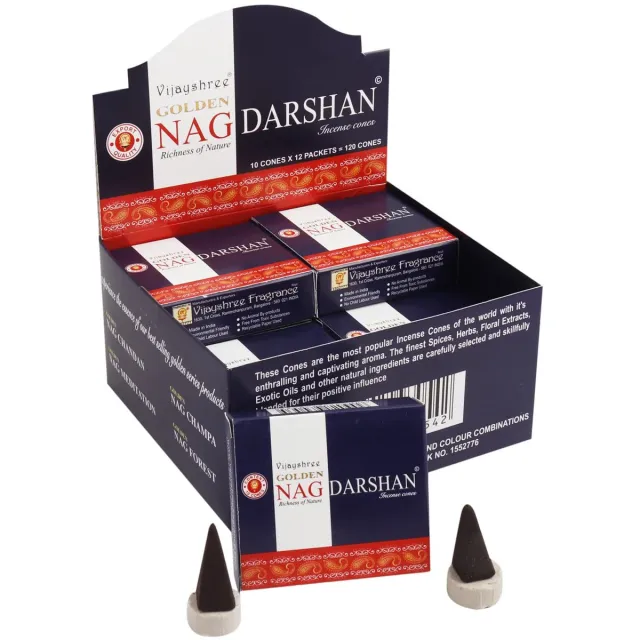 Vijayshree Golden Nag Darshan Masala Wierookkegels – 12 Pakketjes x 10 Kegels | Natuurlijke Dhoop Kegels, Handgerold in India, 60 min Brandtijd | Meditatie & Ontspanning met Kajal Sticker