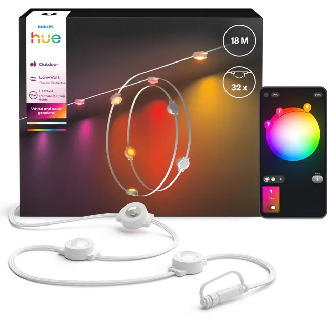 Philips Hue Festavia permanent - Witte snoer 18 m met 32 lampen - Wit en gekleurd licht met kleurverloop - Tot 50 lumen per lamp