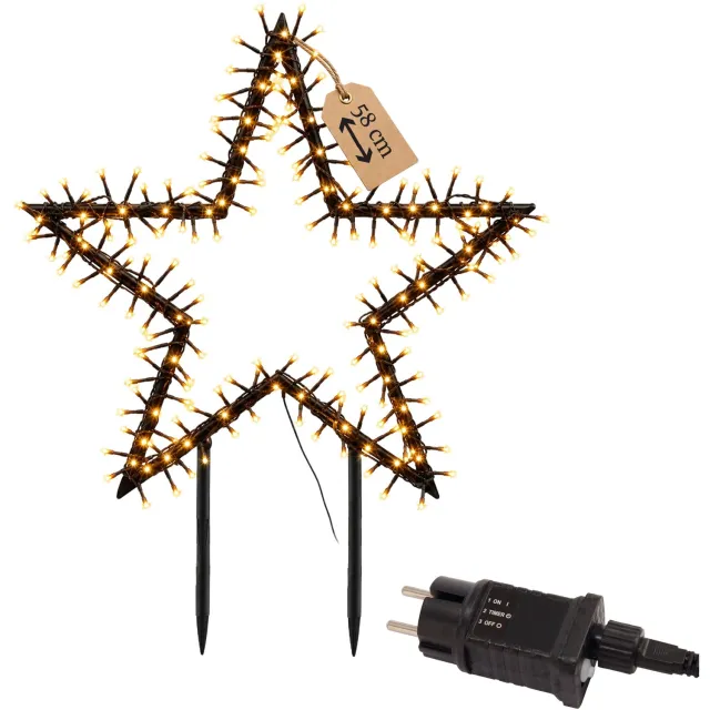 Meisterhome LED Kerstster 58 cm – 150 LEDs – Extra Warm Wit – Kerstverlichting Buiten – Met Grondspies, Timer & Dimmer – IP44 – Kerstdecoratie Tuin Zwart