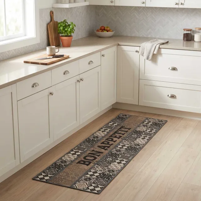 vidaXL Keuken Vloerkleed Grijs bon appetit 150 x 45 cm 100% Polyamide