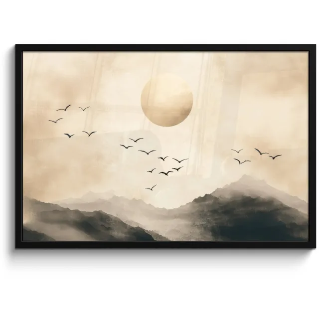 FrameYourWall Poster in lijst - Fotolijst 90x60 cm - Posters - Landschap - Japandi - vogel - Posterlijst zwart - Decoratie - Wanddecoratie woonkamer - Muurdecoratie slaapkamer
