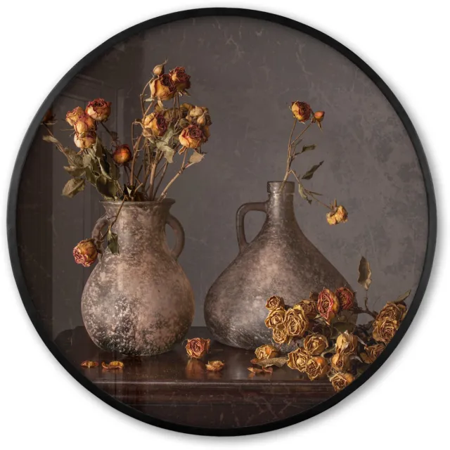 FrameYourWall Poster in lijst Rond - Fotolijst 80x80 cm - Posters - Stilleven - Bloemen - Vaas - Donker - Ronde posterlijst zwart - Decoratie - Wanddecoratie woonkamer - Muurdecoratie slaapkamer Vaas - Rozen