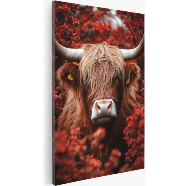 Saammp Canvas Schilderij - Koe tussen de rode bloemen - Dieren - Natuur - 60x90 - Foto op canvas - Wanddecoratie - Muurdecoratie Woonkamer - Slaapkamer decoratie - Canvas Print Multicolor