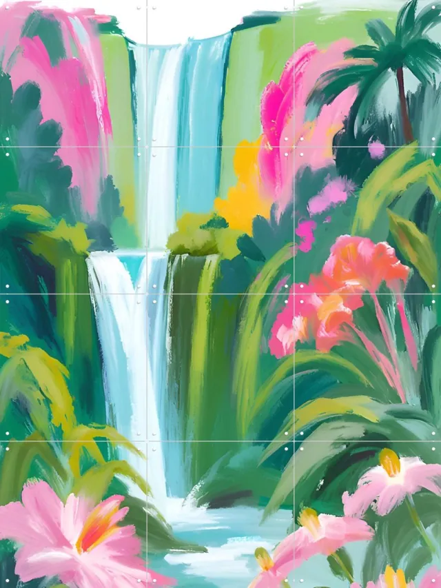 IXXI Waterfall, Ohkimiko & Various - 60 x 80 cm - Grote wanddecoratie en posters - Illustraties, Kleurrijk, Kwaststreken, Woonkamer, Slaapkamer Groen