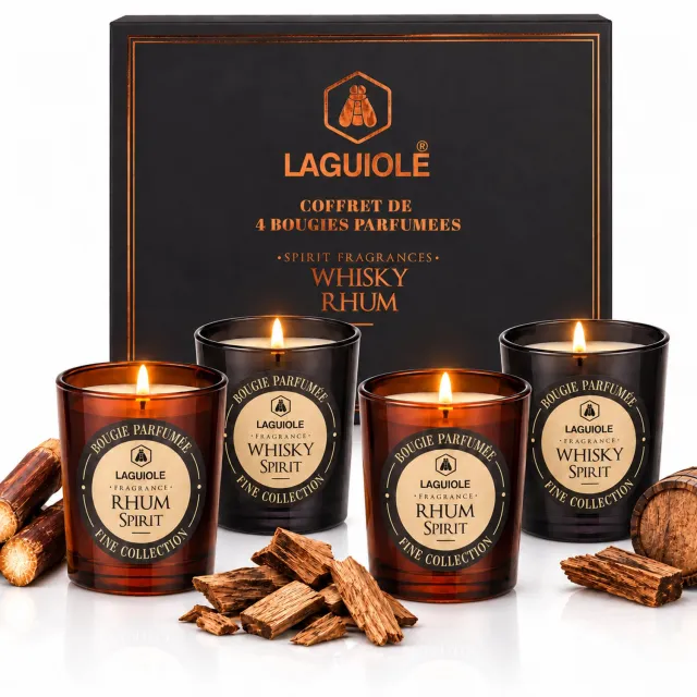 Laguiole Geurkaarsen - Kaarsen - Luxe Kaars - Geschenkset - 4 x30g Giftset - Whisky en Rhum Spirit Whisky & Rum