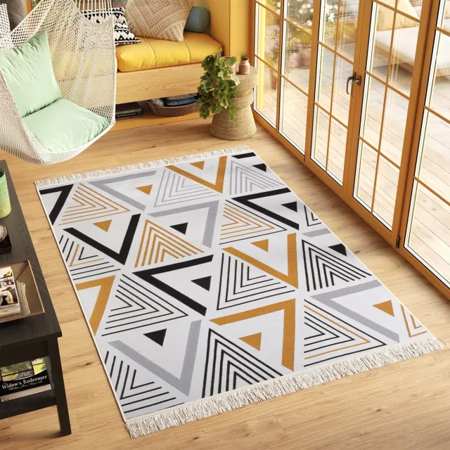 Tapiso Azteca Vloerkleed Franjes Boho Katoenen Dubbelzijdig Tapijt Maat- 80x300 Grijs Oranje Antraciet