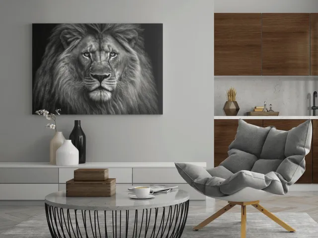 Trendex Global Canvas Schilderij Dieren - Leeuw - Grijs - Portret - 90x60x2 cm