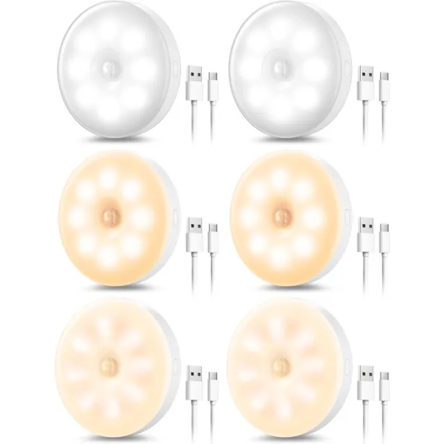 GelldG 6 stuks nachtlamp - USB oplaadbaar - Met bewegingssensor - Binnenverlichting met bewegingssensor - 3 kleurtemperaturen - Geschikt voor slaapkamer, hal, keuken en trappenhuis wit