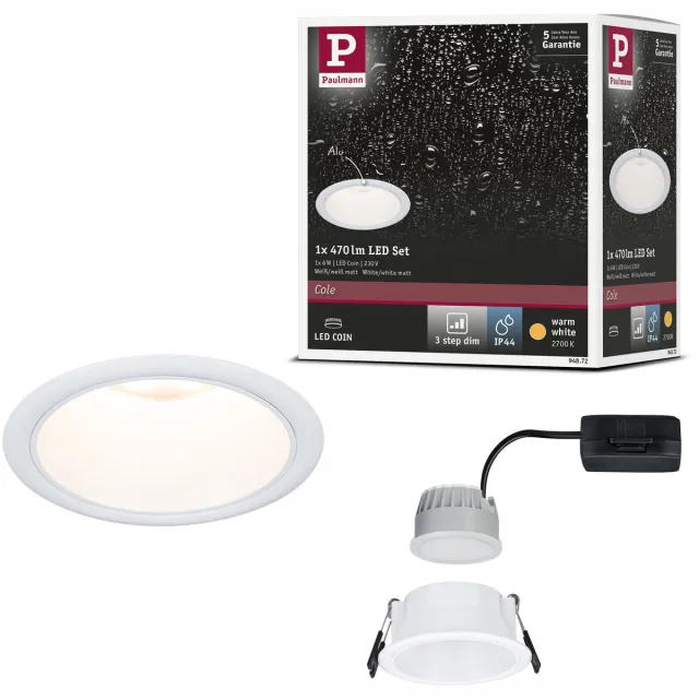 Paulmann LED-inbouwlamp 3-Step-Dim Cole Coin Set van 1 IP44 rond 88 mm Coin 6W 470lm 230V dimbaar 2700K Wit