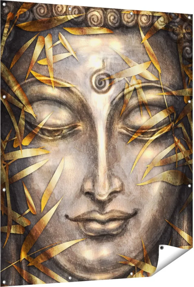 Gards Tuinposter Boeddha Beeld met Gouden Bladeren - 120x150 cm - Tuindoek - Tuindecoratie - Wanddecoratie buiten - Tuinschilderij Multikleur