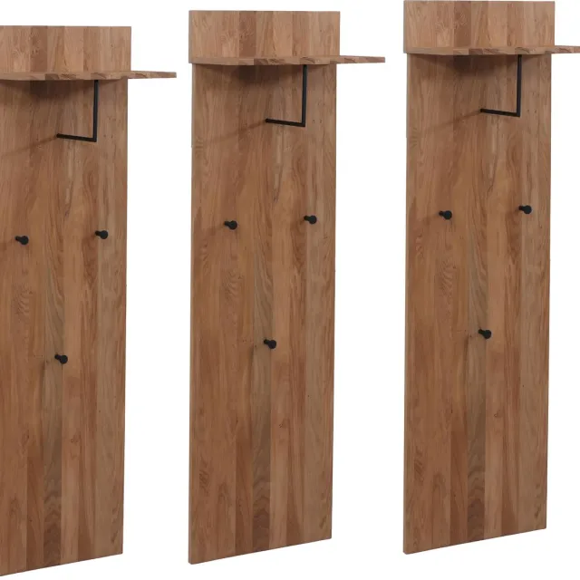 MCA set van 3 garderobe panelen MCW-P55, wandgarderobe, massief houten legplank met haken, eikenhout bruin