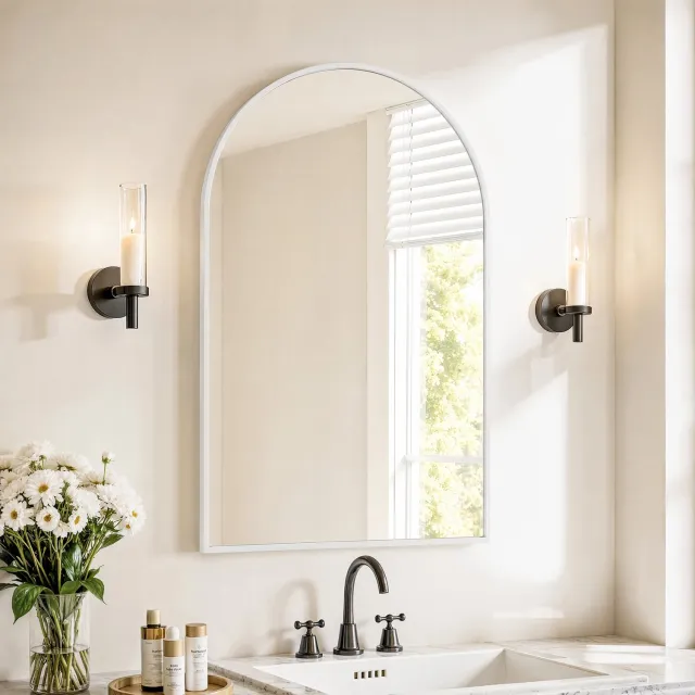 Solvenrik Boogspiegel 91 x 61 cm – Witte Wandspiegel met Aluminium Frame – Spiegel van Gehard Glas