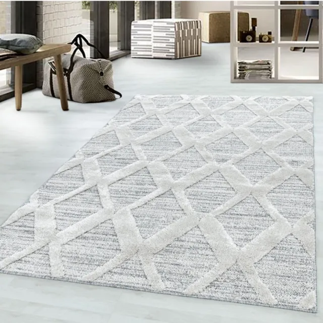 TapisTrend Harig tapijt Grijs 80x250 cm crèmekleurig geometrisch vloerkleed met grote, reliëfachtige ruiten, 20 mm poolhoogte, moderne stijl voor woonkamer