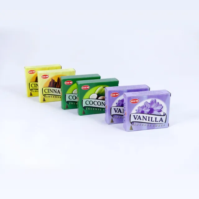 HEM Wierook Verschillende Geuren Set - Kegels / Cones - Vanille - Kokos - Kaneel / Vanilla - Coconut - Cinnamon