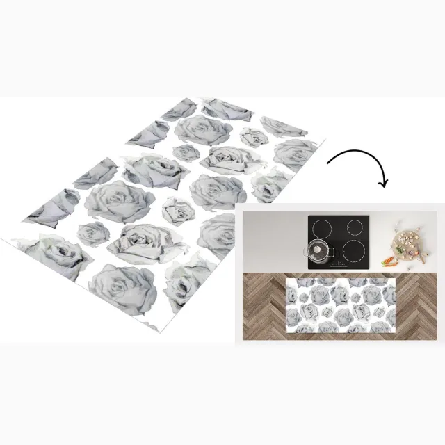 KitchenYeah Keukenloper - Loper keuken - Rozen - Bloem - Zwart Wit - Patroon - 120x60 cm - Keukenloper vinyl Zwart; Wit