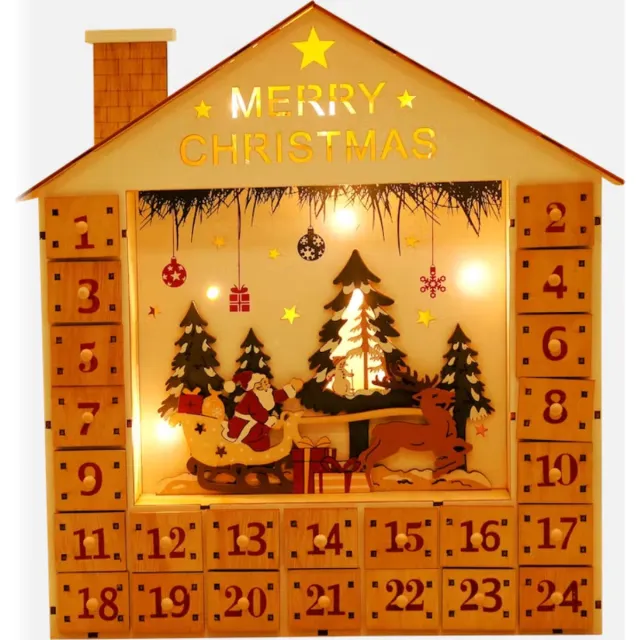 PlayElecGadget Advent kalender - Hout - Kerst 2022 - 24 lades - Ledverlichting- Cadeaus naar eigen smaak - XMas Led BOX Bruin