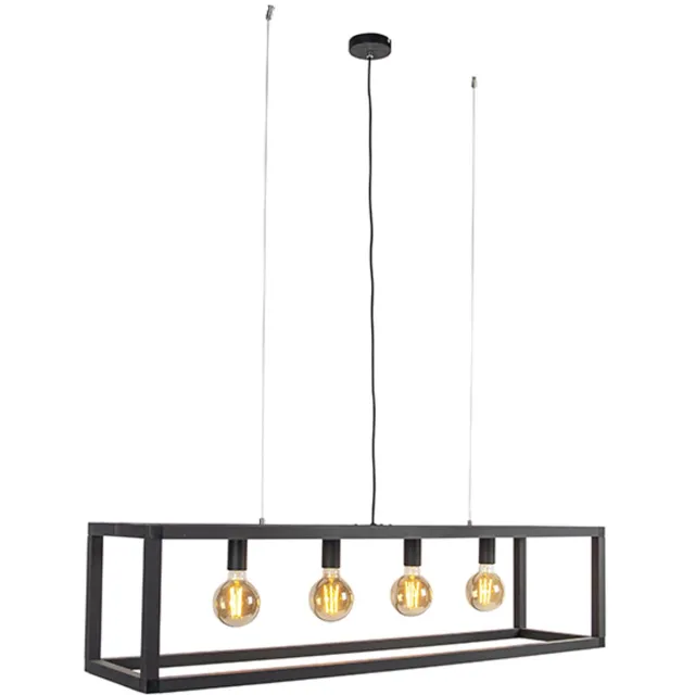 QAZQA big_cage2 - Industriele Hanglamp eettafel voor boven de eettafel | in eetkamer - 4 lichts - L 1180 mm - Zwart - Industrieel - Woonkamer | Slaapkamer