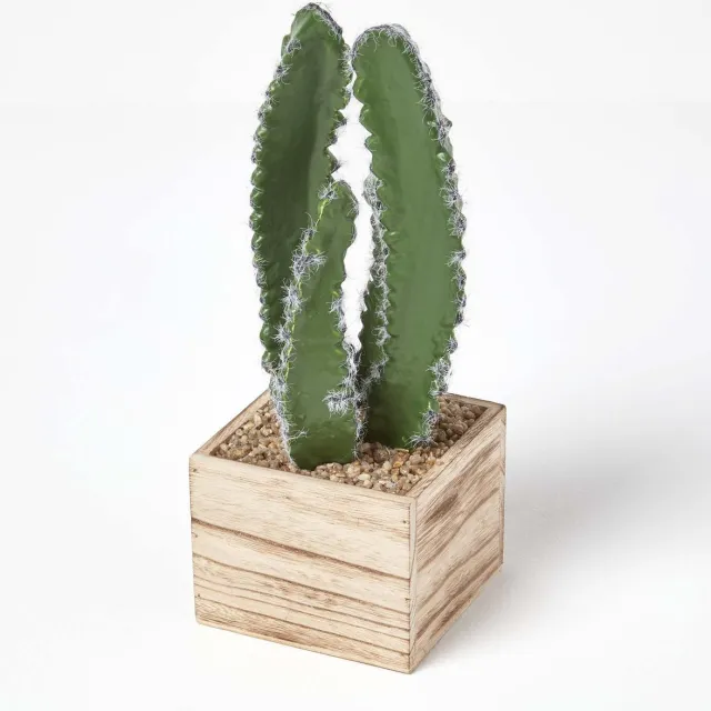 Homescapes Kunstmatige zuilvormige cactus in MDF houten pot, 33 cm hoog Groen