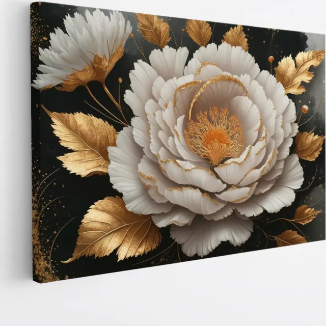 Saammp Canvas Schilderij - Witte Bloem - Goud - Zwart - Abstract - 50x40 - Foto op canvas - Wanddecoratie - Muurdecoratie Woonkamer - Kantoor Decoratie Multicolor