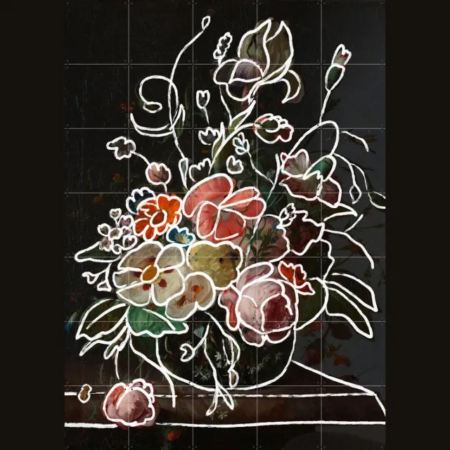 IXXI Bouquet in Strokes, The New Classics - 100 x 140 cm - Grote wanddecoratie en posters - Aquarel, Illustraties, Gemengde Technieken, Kleurrijk Wit / Roze / Zwart