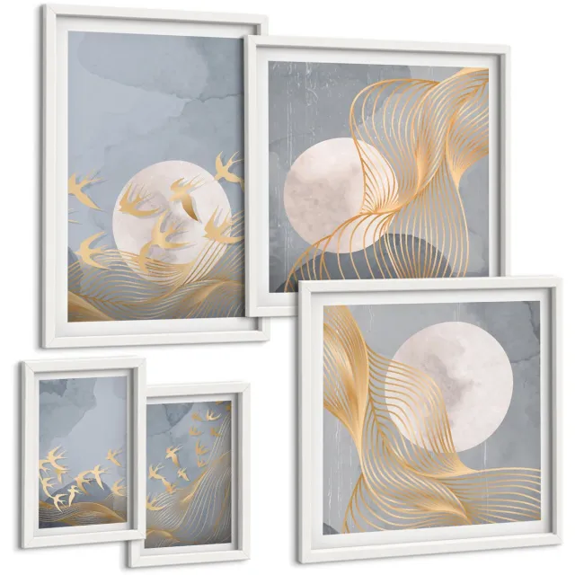 Coloray 5-Delige Schilderij Set - Harmonie Van De Natuur In Delicate Tinten En Motieven - 50 x 50 cm, 20 x 30 cm En 40 x 60 cm - Muurdecoratie - Interieur Decoratie - Decoratieve Schilderijen Witte lijst