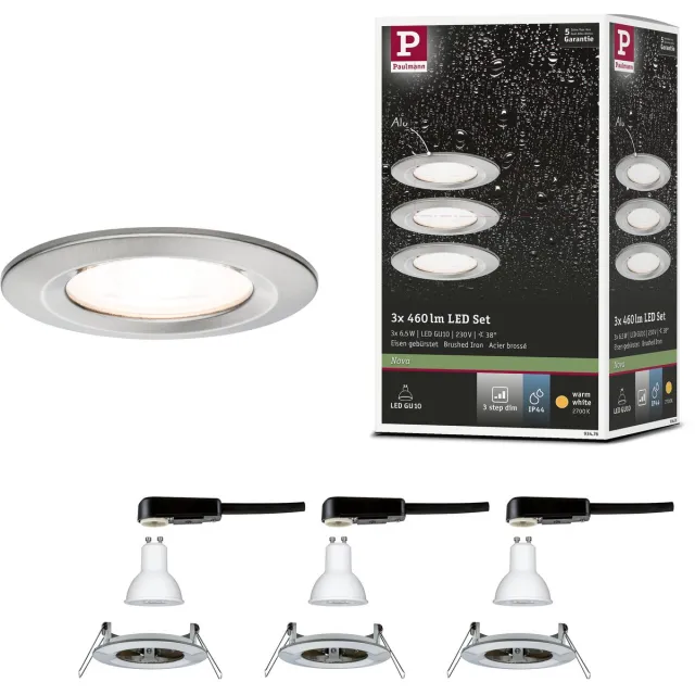 Paulmann LED-inbouwlamp 3-Step-Dim Nova Basisset star IP44 rond 78 mm GU10 3x6,5W 3x460lm 230V dimbaar 2700K Staal geborsteld