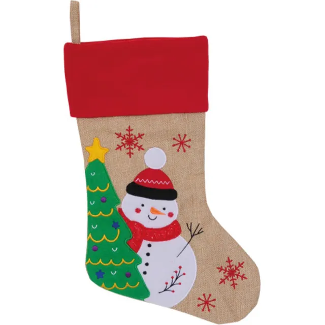 Sandy Kerstsok beige/rood met sneeuwpop print 46 cm - Kerstversiering/kerstdecoratie kerstsokken Multi