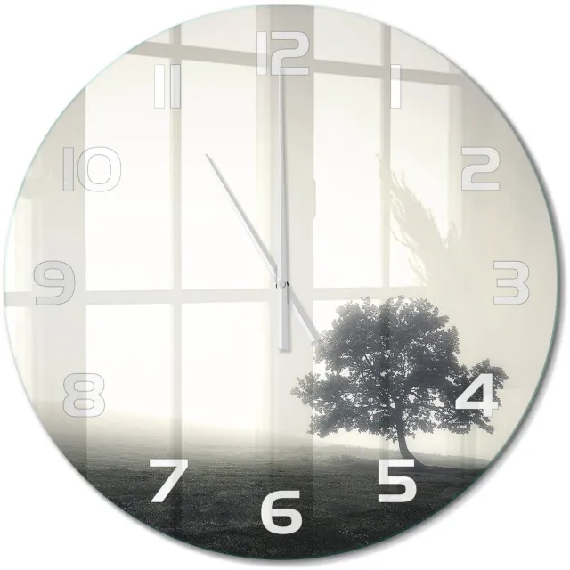 TULUP Wandklok - Eenzame boom Moderne Wandklok Glas - fi60 cm - Grijs Wandklok Glas Decoratie - Witte handen - Ronde Klok - Glazen Wandklok Design - Klok Glas Met Opdruk