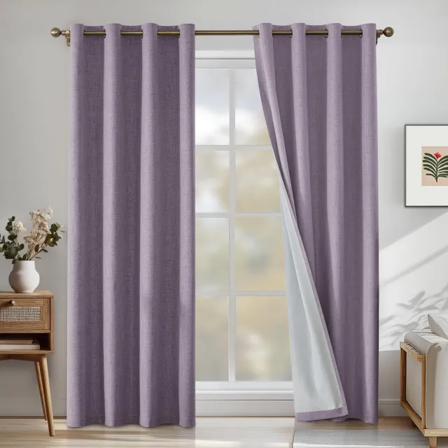 Famanu 100% verduisterende linnen effect gordijnen set van 2, 140x300 cm, ondoorzichtig, warmte-isolerende thermische gordijnen met ringen, geluidsbescherming voor slaapkamer en woonkamer, zwart paars