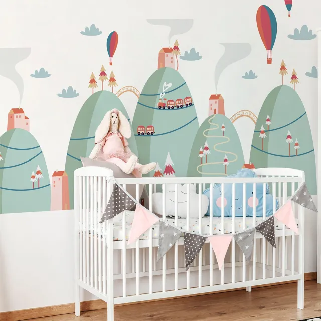 Ambiance Sticker Scandinavische bergstickers met heteluchtballonnen in het landschap, 90 x 135 cm Multi color