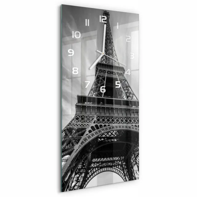 TULUP Wandklok - Eiffeltoren Parijs Klok Glas Met Opdruk - 30x60 cm - Zwart-wit Moderne Wandklok Glas - Witte handen - Rechthoekige Klok - Decoratieve Glazen Klok - Glazen Wandklok Design