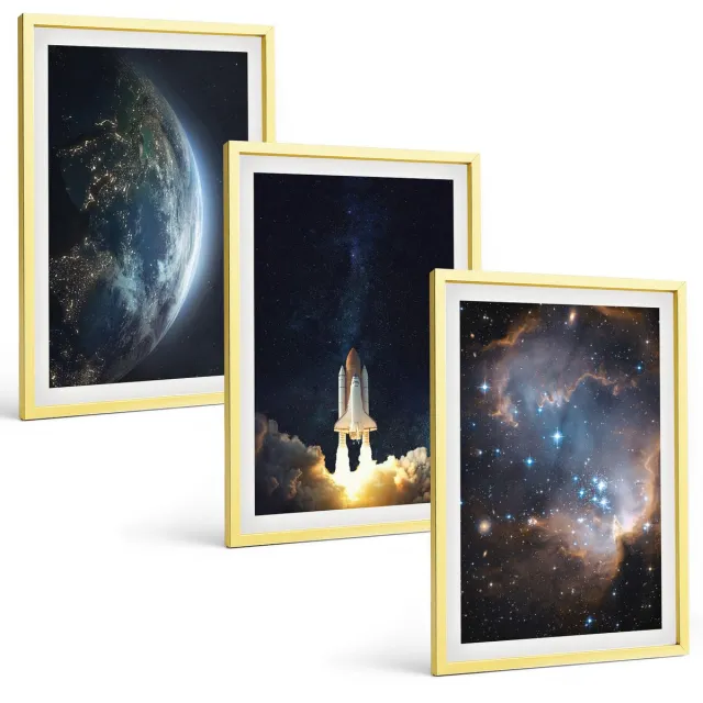 Coloray 3-Delige Schilderij Set - Abstracte Patronen In Pastelkleuren Met Accenten - 40 x 40 cm En 40 x 60 cm - Muurdecoratie - Decoratieve Schilderijen - Wohnzimmer - Stijlvolle Muurdecoratie Gouden lijst