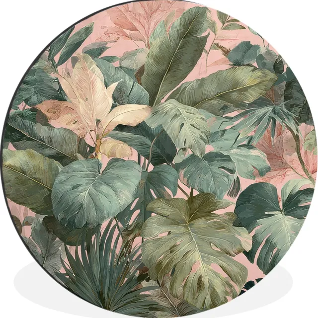 WallCircle Wandcirkel - Muurcirkel - Compositie van bladeren - Groen - Roze - Aluminium - Dibond - 140x140 cm - Binnen en Buiten Bladeren - Compositie