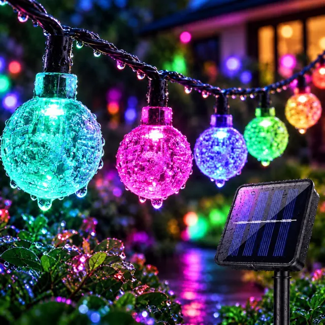 LAPAMAX Solar Lichtsnoer met Kristallen Bolletjes - 9,5 m 50 LEDs Meerkleurig - Zonne-energie met 2 Lichtstanden en Automatische Schemerfunctie - Fairy Lights voor Tuin, Balkon en Terras