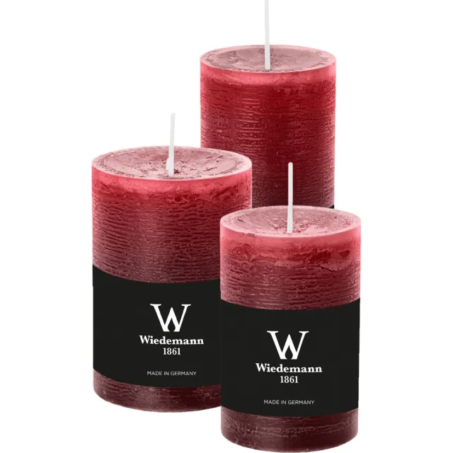 Wiedemann Cilinderkaarsen/stompkaarsen - set van 3 - rustieke kaars - bordeaux rood - 6x9/6x12/7x10 cm