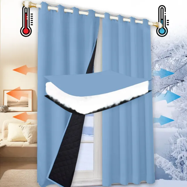 Qelus 100% Opaque Warmte-Koud Isolerend Gordijn met Ringen - Blokkeert Geluid - 1 stuk Verduisteringsgordijnen voor Woonkamer & Slaapkamer - 132x160cm - Voor Winter & Zomer - Gratis Bindband - Blauw