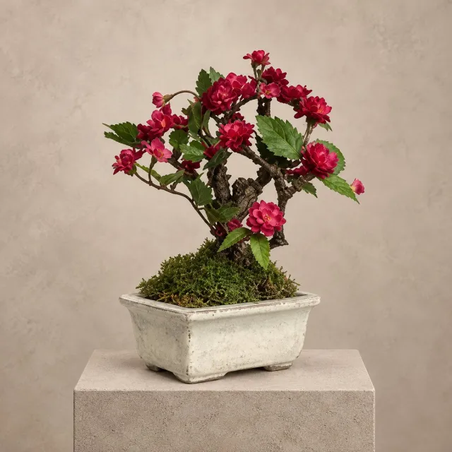 Seta Fiori Schattig kunst bonsai boompje in originele schaal - rode roosjes - 20cm Wit en rood