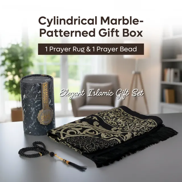 Firaset Moslim gebedskleed , Seccade, gebedskralen met elegant design, cilindervormige geschenkdoos, Janamaz, Sajadah, zachte islamitische geschenkset, tapijtmat, taftstof, zwart
