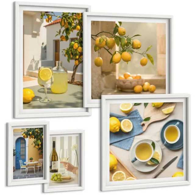 TULUP 4-Delige Schilderij Set - Citroenthema in een rustieke stijl voor de keuken - 50 x 50 cm, 20 x 30 cm en 40 x 60 cm - Muurdecoratie - Wanddecoratie - Slaapkamer - Decoratieve Schilderijen Witte lijst
