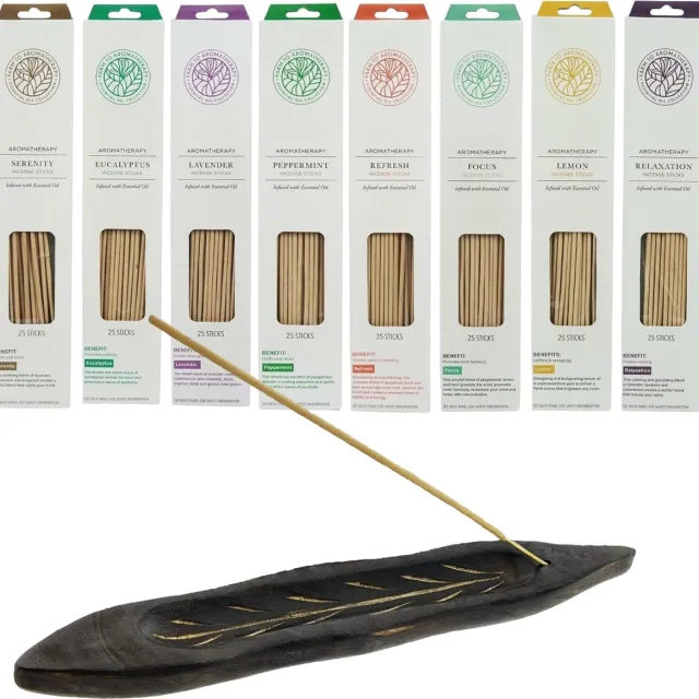 Farm to aromatherapy Assortiment 200 stuks etherische incense wierookstokjes 8 heerlijke geuren - 8 x 25 stuks - incl. handgemaakte wierookhouder Multikleur
