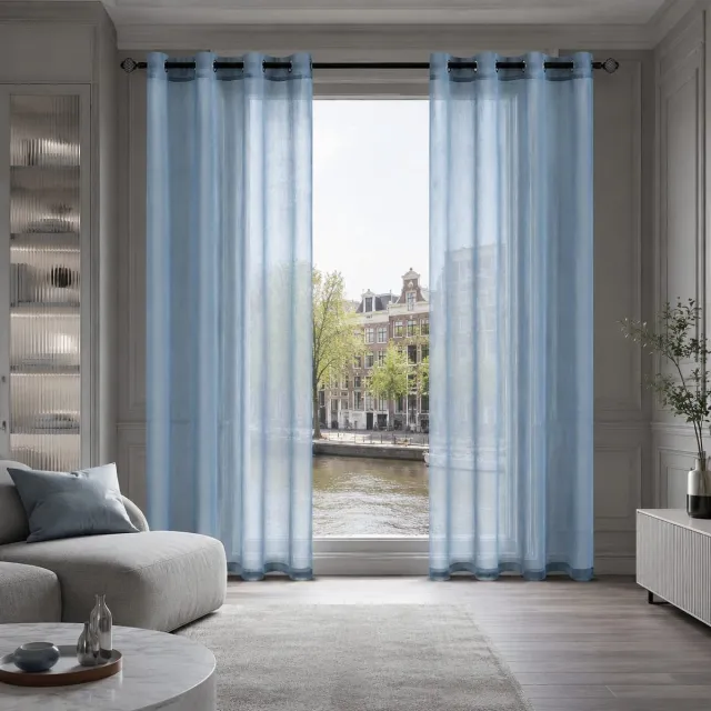 Lano&Go Vitrage gordijn met ringen, lichtdoorlatend, 2 panelen, 140 x 260 cm, Nijlblauw