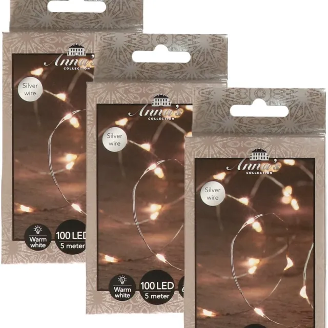 Anna's Collection Draadverlichting - 3x - 100 led lampjes - warm wit - zilver draad - 500 cm - lichtdraad - kerstverlichting lichtsnoe